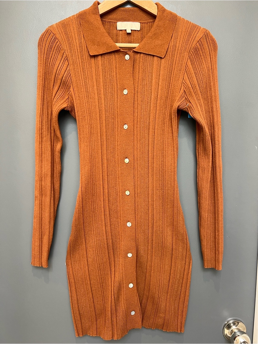 Meshki Ribbed Button-Front Long Sleeve Dress — Rust